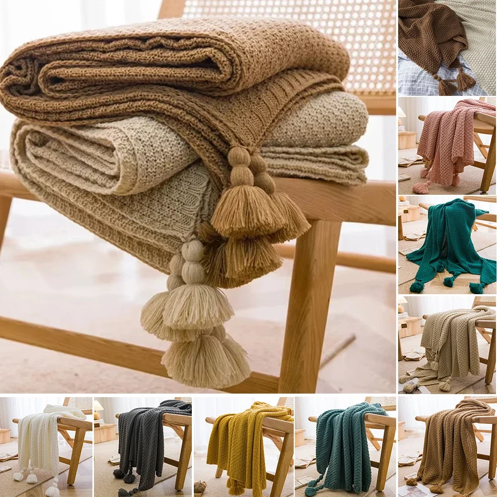 Nickerchendecke, warme Strickdecke mit Quaste, einfarbig, Sofabezug, weiche Überwurfdecke für Bett, tragbar, atmungsaktiv, Schal, Peitto Image