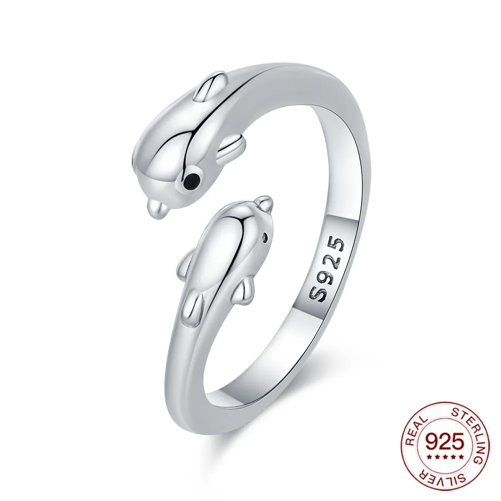 Offener Ring aus 925er-Sterlingsilber, Delfin-Mutter und Kind, für Damen, Urlaubsgeschenk, Ring, Vintage-Stil, Schmuck, Accessoire, Party-Geschenk