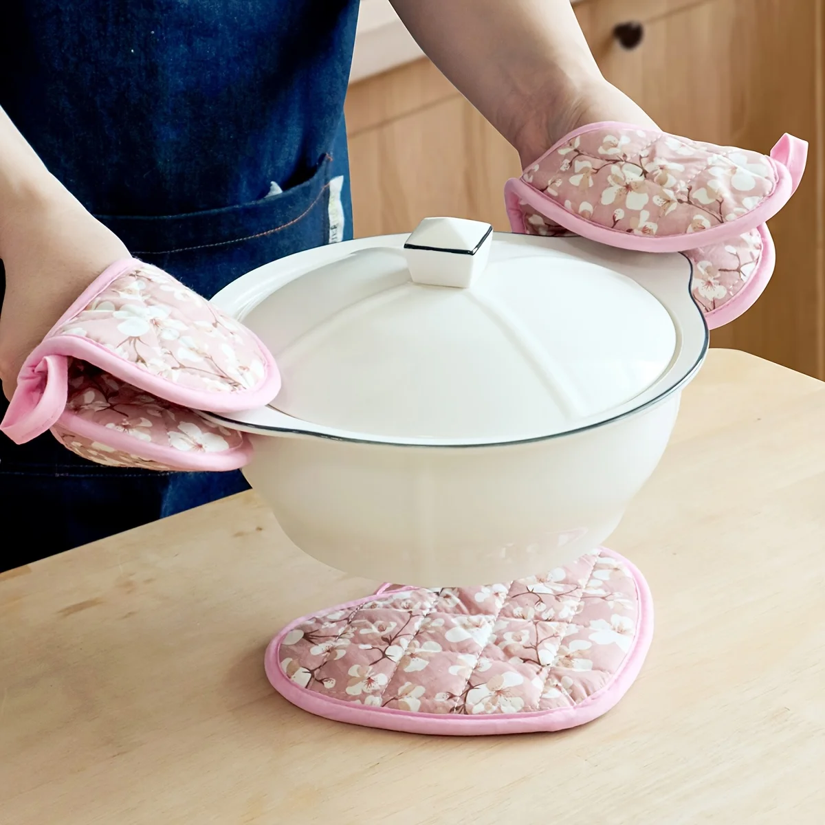 Japanische Blume Baumwolle gedruckt Backofen Handschuhe Home Küche heiß beständig herzförmige Hand Clip Isolierung Pad Image