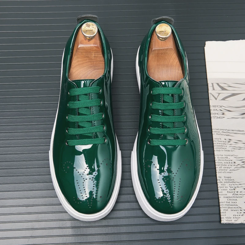 Frühling Herbst Leder Schuhe Hohe Qualität Patent Leder Casual Schuhe Lace Up Sneakers Grün Mode Sohle Designer Leder Schuhe Image