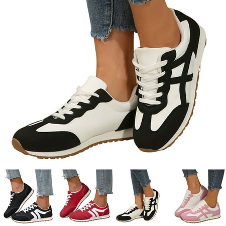 Dakaela Sneakers for Women Leather Suede Patchwork Non Slip Casual Walking Shoes Gym Tennis Running Wide Toe Box Shoes Black 8