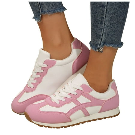 Dakaela Sneakers for Women Leather Suede Patchwork Non Slip Casual Walking Shoes Gym Tennis Running Wide Toe Box Shoes Pink 7.5