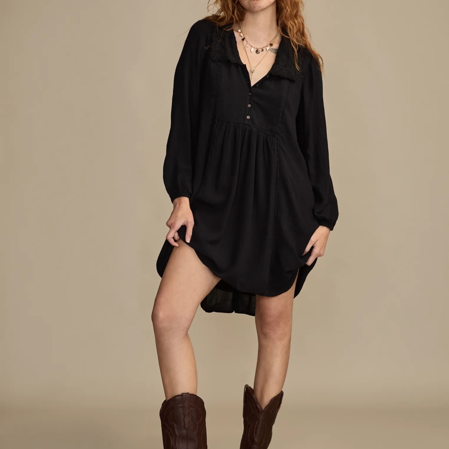 Lucky Brand Peter Pan Collar Mini Dress - Women's Clothing Dresses Mini Dress in Caviar, Size 2XL