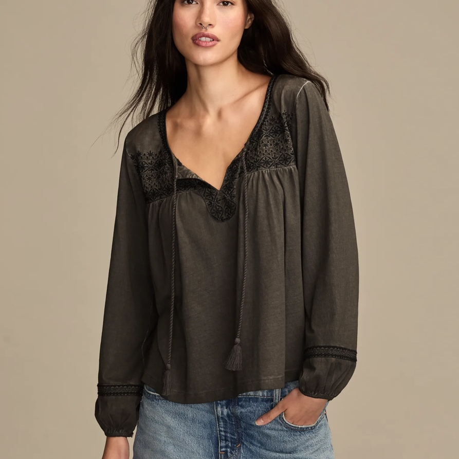 Lucky Brand Long Sleeve Peasant Top - Women's Clothing Peasant Tops Shirts in Raven, Size S
