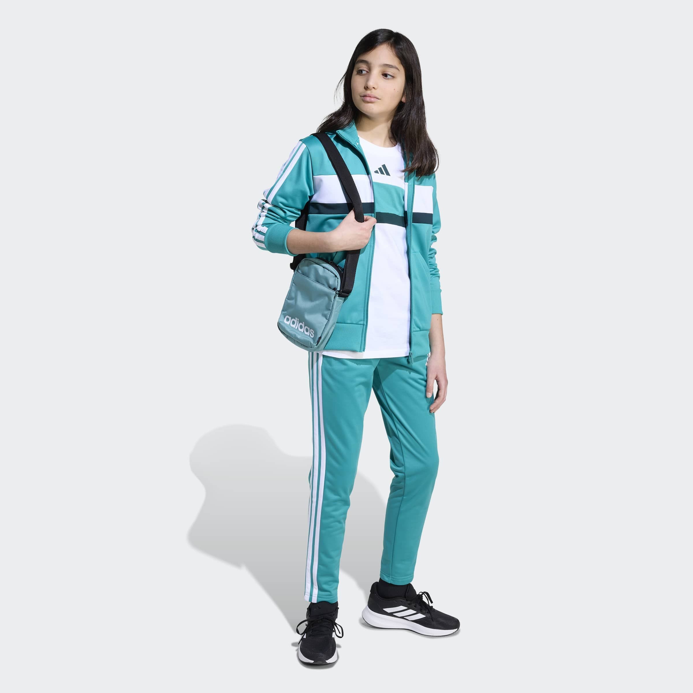 Trainingsanzug ADIDAS SPORTSWEAR "J 3S TIBERIO TS", Kinder, Gr. 164, weiß (pure teal, aurora ivy, weiß), Obermaterial: 100% Polyester, Sportlich, Sportanzüge Image