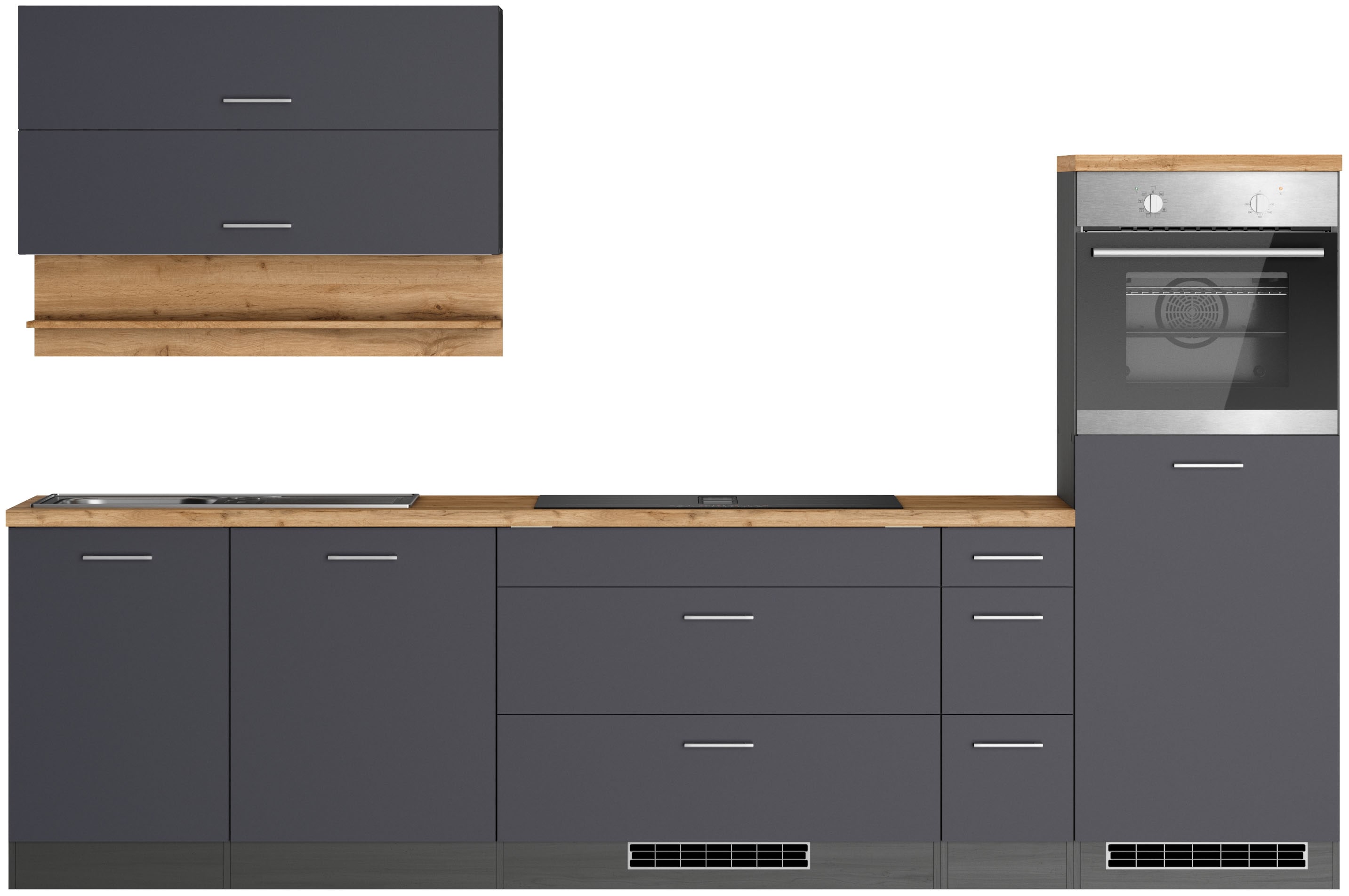 Küchenzeile KOCHSTATION "KS-Milan, optional mit Muldenlüfter", grau (küche: grau, front: anthrazit, korpus: grafitgrau, arbeitsplatte: wotaneichefarben), B:300cm H:166cm T:60cm, Komplettküchen-Sets, Breite 300 cm, wahlweise mit E-Geräten, Kochfeld... Image