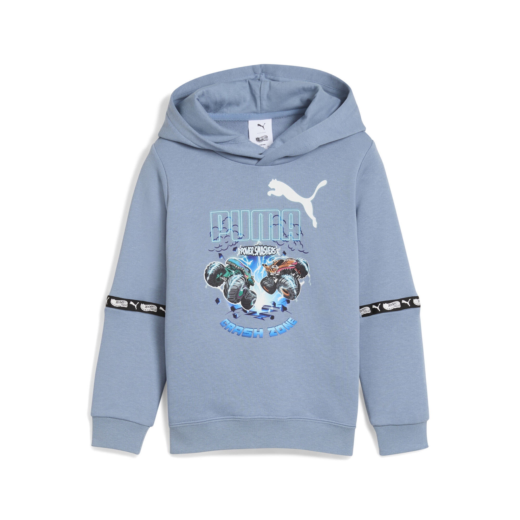 Kapuzenpullover PUMA "PUMA x HOT WHEELS™ MONSTER TRUCKS Hoodie Jungen", Kinder, Gr. 104, blau (cool blau), Obermaterial: 32% Polyester, 68% Baumwolle; Kapuzenfutter: 100% Baumwolle; Rippe: 3% Elasthan, 97% Baumwolle, regular fit, Pullover Image