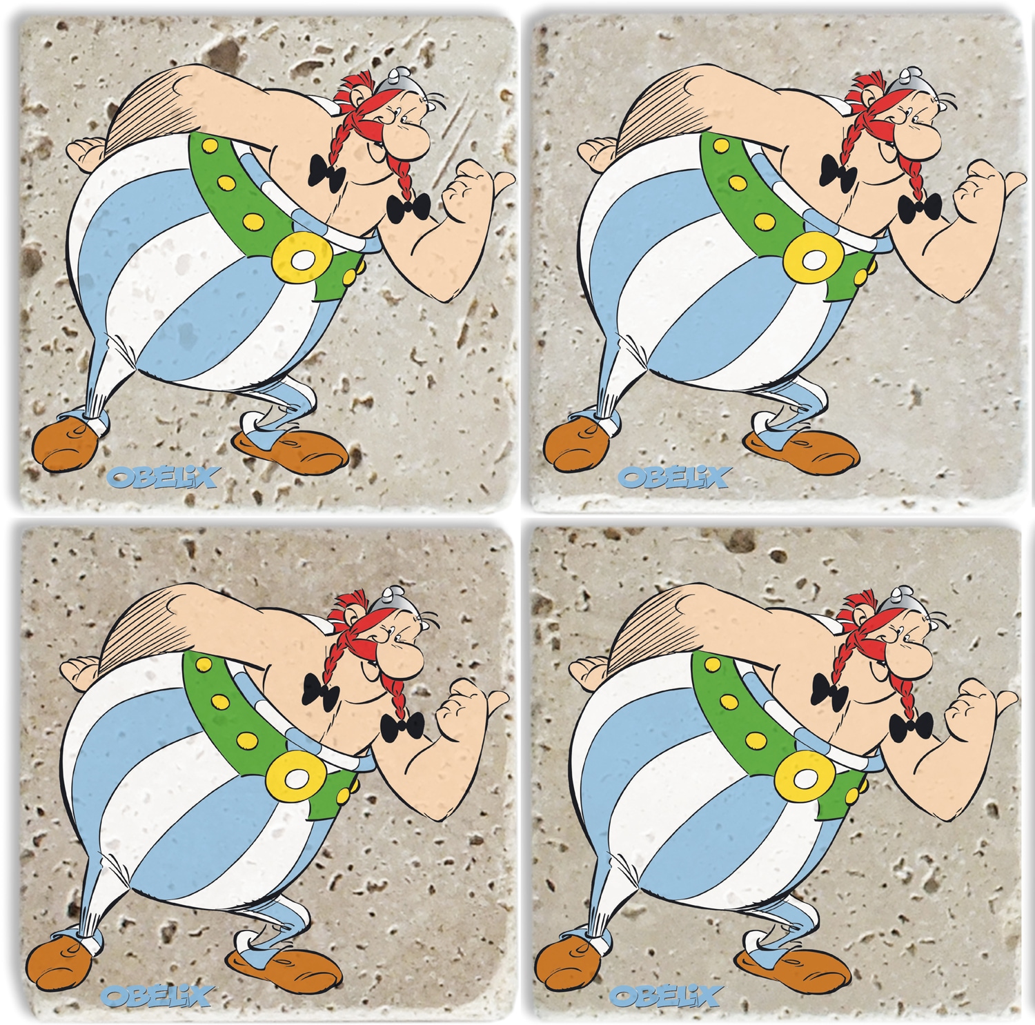 Getränkeuntersetzer LUCKYLINDE "Obelix Motiv Fliesen Steine", blau, B:10cm H:10cm T:1cm, Naturstein, Untersetzer, Asterix Set Topfuntersetzer Naturstein Untersetzer 10x10x1cm
