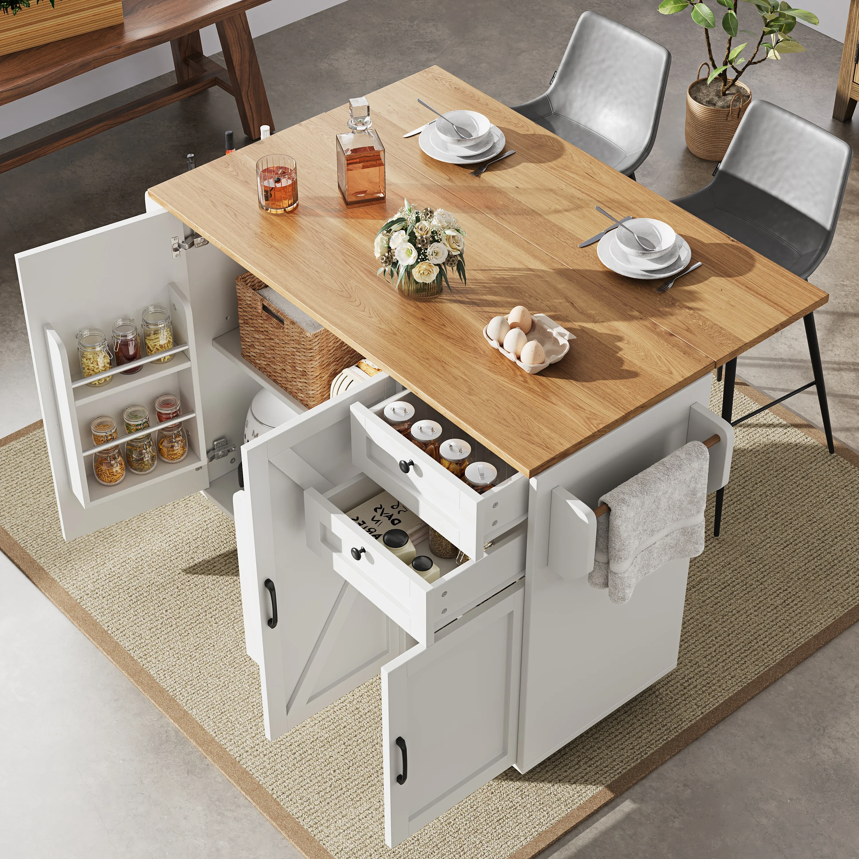 Armoire de cuisine moderne avec îlot, meuble de buffet, chariot à manger avec grain de bois, table à manger multifonctionnelle