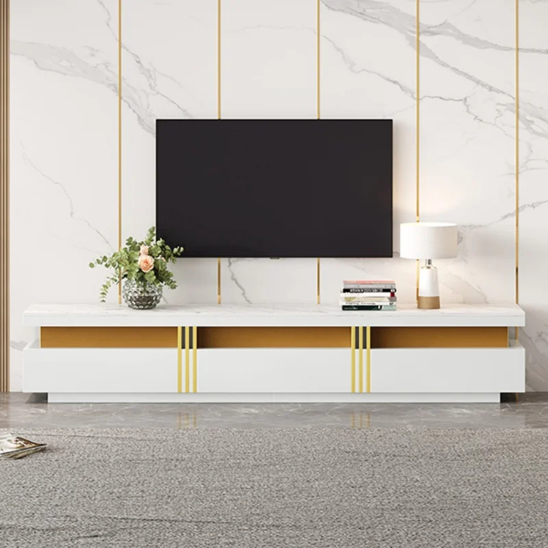 Meuble TV moderne haut de gamme, aspect marbre, meuble TV, boîtier TV, 200x40x42cm, trois tiroirs et 1 gestion des câbles