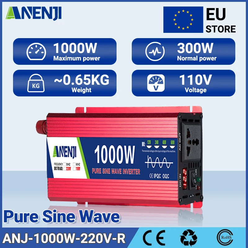 ANENJI onduleur de voiture 1000W onde sinusoïdale Pure 12V 24V 220V DC à AC onduleur de véhicule 50Hz adaptateur de voiture Portable onduleur solaire domestique