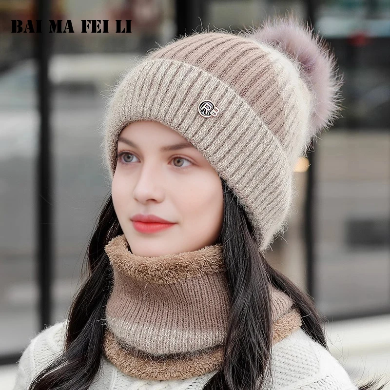 2PCS Frauen Winter Gestrickte Hut und Schal Set Nette Verdickte Warme Ski Hut Radfahren Winddicht Halstuch Ohr-schutz gestrickte Kappe Image