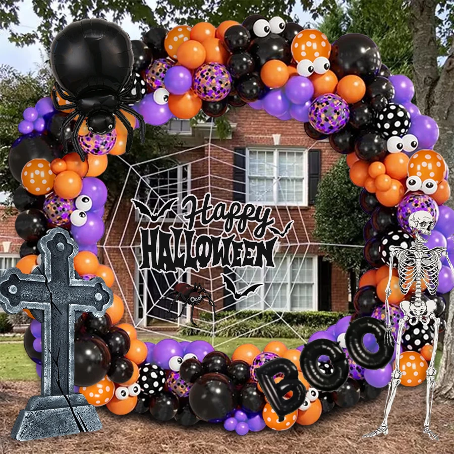 126-teiliges Halloween-Boo-Ballonbogen-Set, Spinnenfolienballons mit schwarzen, orangefarbenen, lila Ballons, Teufelsfolien-Punktballons, geeignet für Halloween-Mottoparty-Dekorationen, schrullige Image