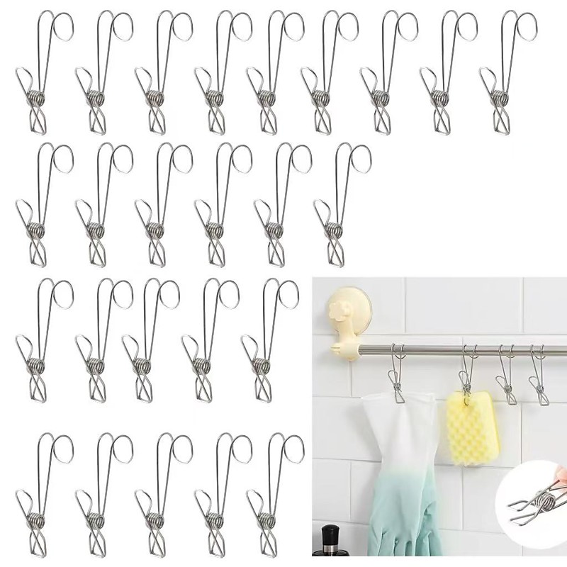 25pcs Stainless Steel Clothes Pins Hook Clip Durable Hanging Clips Multipurpose Curved Hook Clamps For Kitchen Bathroom Storage Household Laundry Sock Drying Organizer Reusable Metal Clips