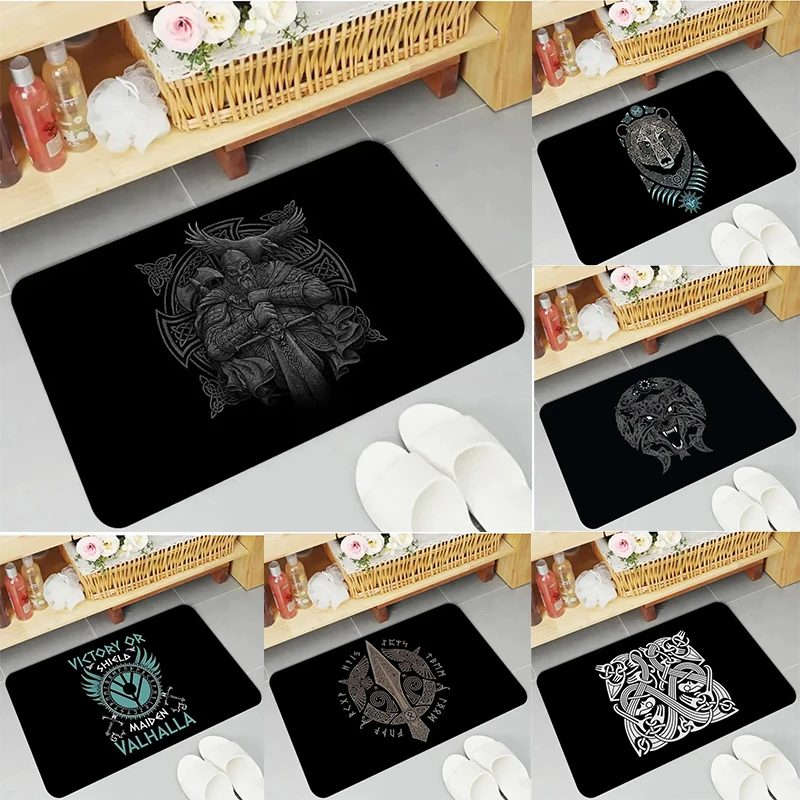 Fußmatte im Wikinger-Stil, nordisches Mythologie-Muster, keltischer Knoten-Design-Teppich, wasserdichter, rutschfester Bodenschutz für das Badezimmer zu Hause Image