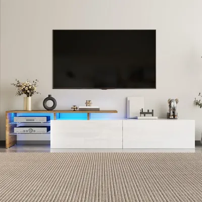 TV Cabinet for Living Room,TV Lowboard,Sideboard, with LED,2 Glass Partition,2 Drawers,White High Gloss