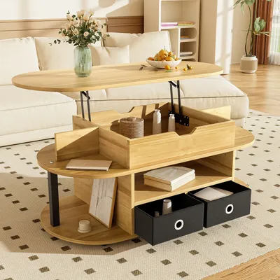 Modern Wooden Coffee Table With Lifting Function, Large Storage Space Black Fabric Drawers, Versatile Sidetable For Living Room