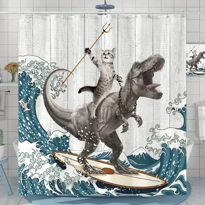 Surfing Dinosaur Ocean Shower Curtain, Fun Cat Shower Curtain, Wave Bathroom Shower Curtain Set, Bathroom