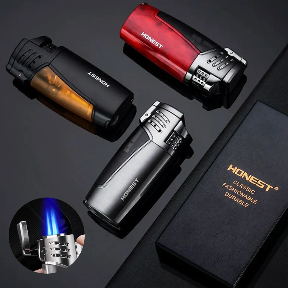 Metall 3-Jet-Flammenfackel, aufblasbares Zigarrenanzünder, Butan-Gas-Feuerzeug, luxuriöses, winddichtes Gasfeuerzeug mit Zigarrenschneider, Geschenkbox Image