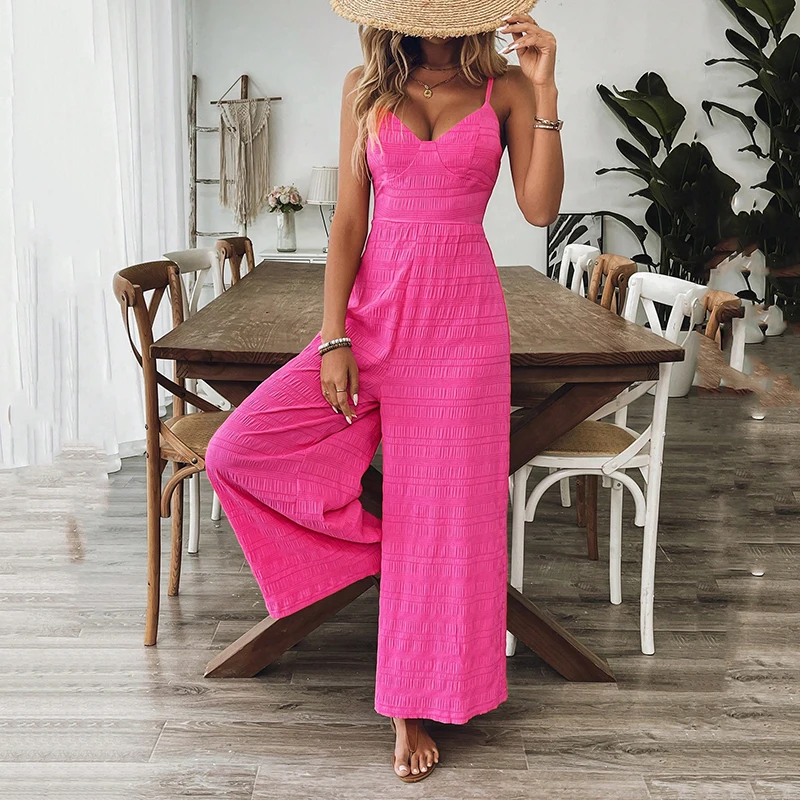 Sommer Neue Mode Gedruckt Hosenträger Overalls für Frauen Elegante Sexy Einfarbig Backless V-ausschnitt Schlank Strap Breite Bein Overall Image