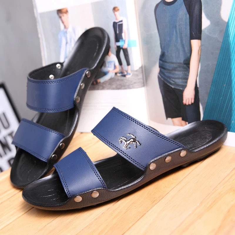 HKDQ Heißer Verkauf Designer Hausschuhe Für Männer Rutschen Blau Licht Flache Slipper Leder Mann Strand Schuhe Outdoor Indoor männer Flip-flops
