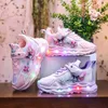 Freizeitschuhe für Kinder, Mädchen, LED-Licht, Cartoon-PU-Leder, Frühlingsmode, flacher Boden, rutschfest, weicher Boden, Rosa, Lila, Größe 21–30