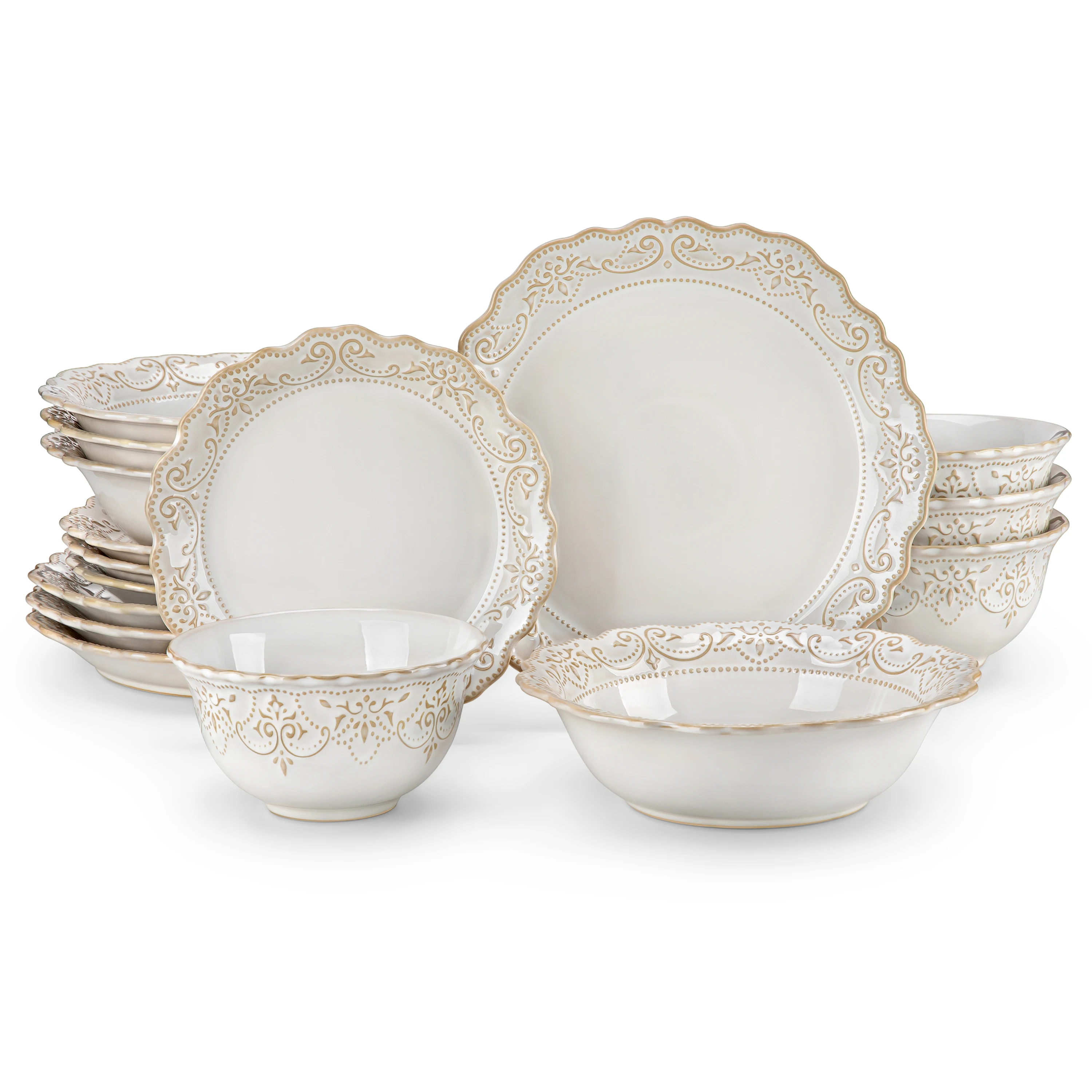 MALACASA Set da Piatti da 16/32 Pezzi Set da Piatti in Gres Bianchi in Rilievo con 4 Pezzi Piatto da Pranzo/Dessert/Tazza di Cereali/Zuppa