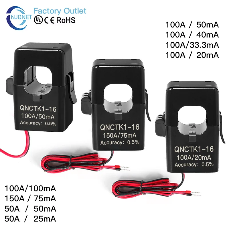 Klemm-Ct-Stromwandler QNCTK1-16 100 A 50 mA 50 A 25 mA 100 A 40 mA 50 A 20 mA offener Stromsensor Split-Core-Stromwandler
