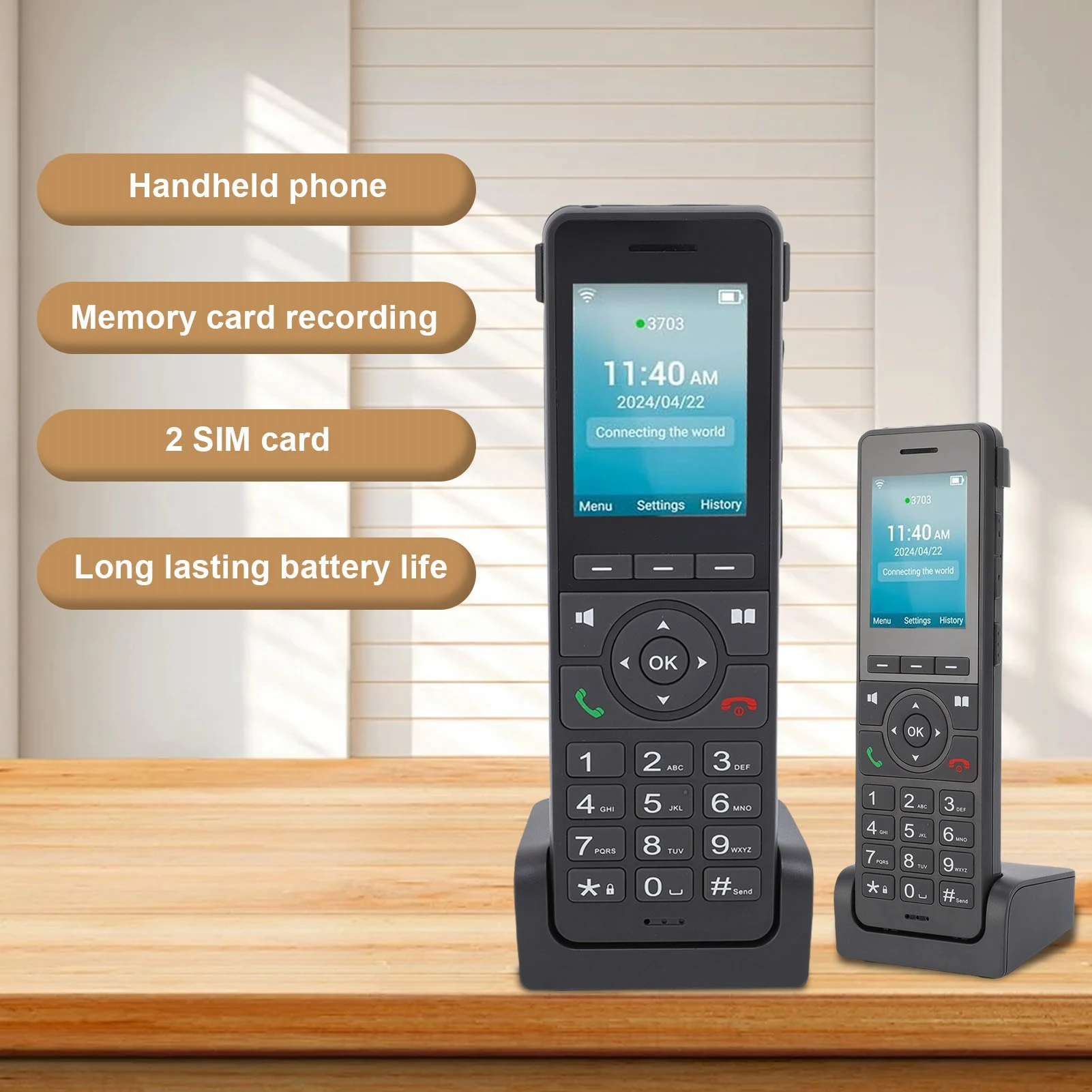Telefono cordless 4G LTE Telefono desktop portatile con schermo a colori Wifi da 2,4 pollici per Dect VoIP Nero