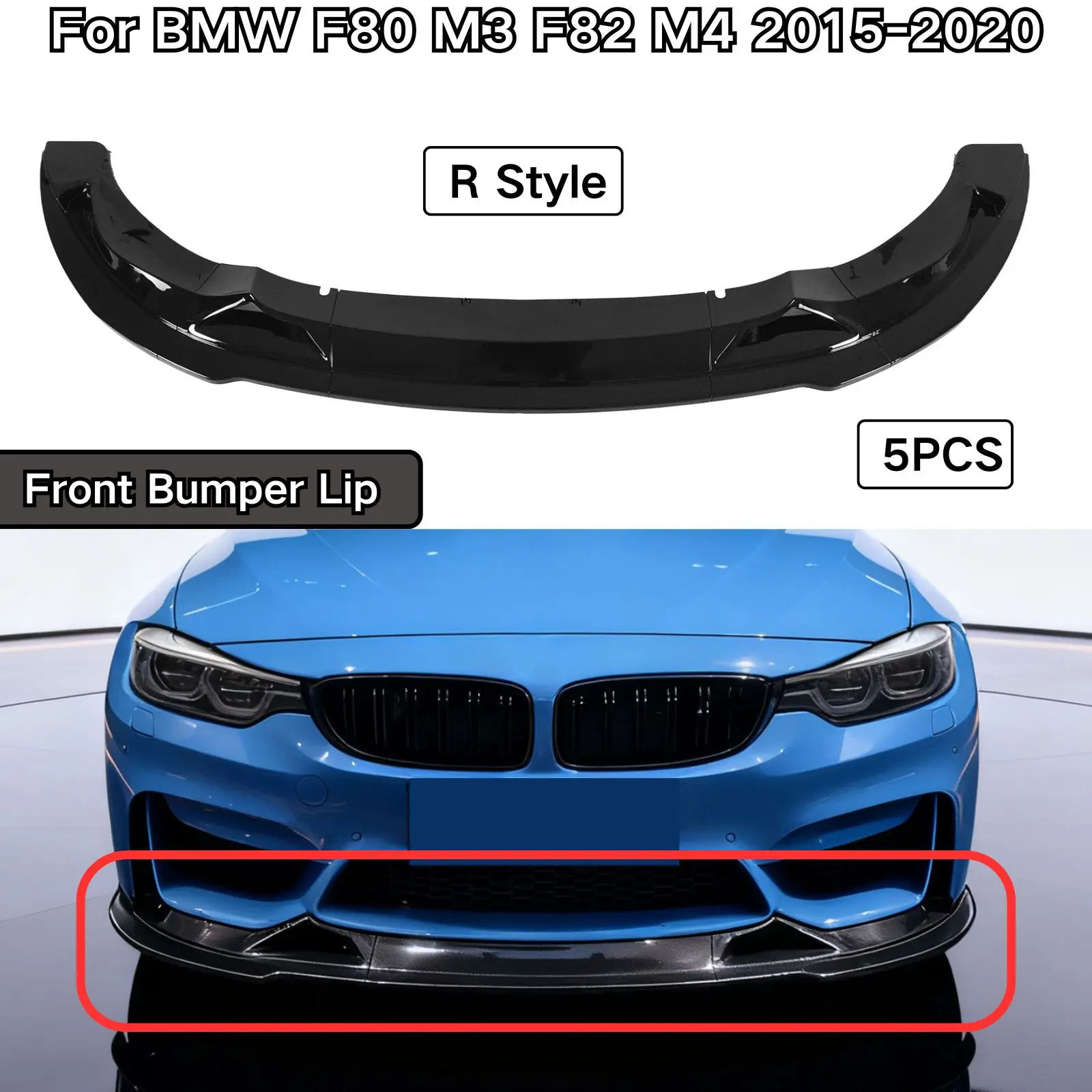 Für BMW F80 M3 F82 M4 2015-2020 Frontschürze Lippe 5PCS Auto Zubehör Körper Kit glänzend Schwarz Carbon Faser Druck ABS Kunststoff Image