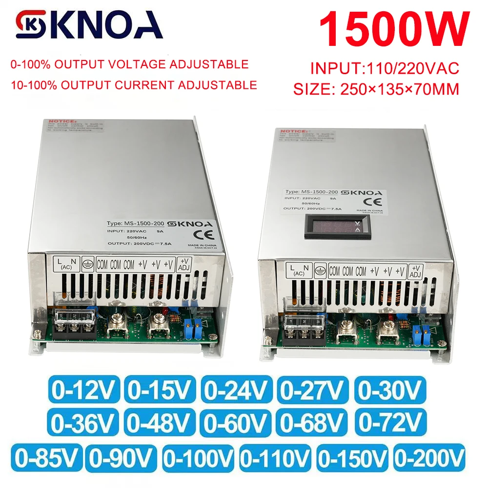 Digitalanzeige, einstellbar, 1500 W, Netzteil 0–12 V, 15 V, 24 V, 27 V, 30 V, 36 V, 48 V, 60 V, 68 V, 72 V, 85 V, 90 V, 100 V, 110 V, 150 V, 200 V, AC-DC-SMPS Image