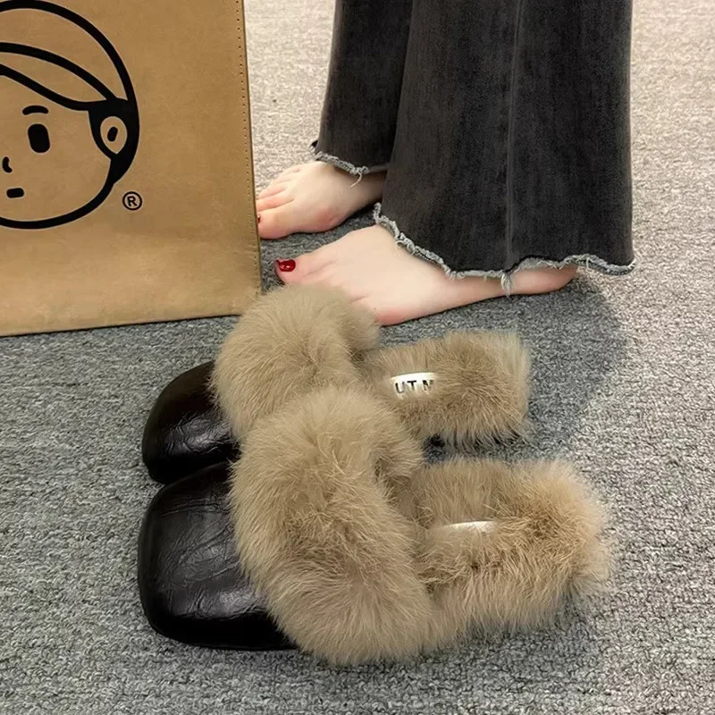 Frauen Herbst/Winter Outdoor Tragen Neue Stil Flachen Boden Fell Hausschuhe Ein Fuß Drag Keine Ferse Mule Fell hausschuhe Erwachsene Einfache Image
