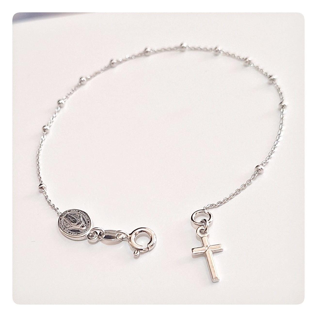 Bracciale rosario con perline d'argento da 2 mm, bracciale con croce, bracciale rosario Vergine Maria, bracciale con perline da una decina