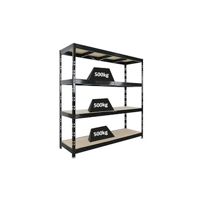 PROREGAL Profi Schwerlastregal Rhino | HxBxT 200x200x60cm | 4 Spanplatten-Ebenen 8mm | Fachlast 500kg | Schwarz | Stecksystem Lagerregal Image