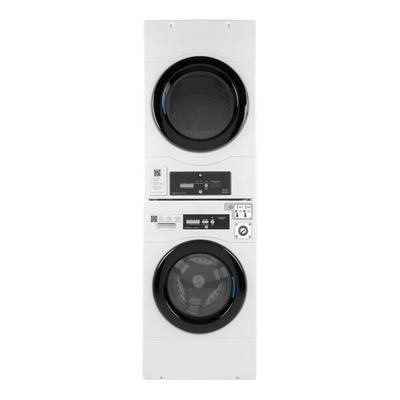 GE VFD31EDSRWW / VFW310SSRWW Stacked 7.7 Cu. Ft. Front-Load Electric Commercial Dryer and 3.5 Cu. Ft. Front-Load Electric Commercial Washer - App Payment / Coin Operated