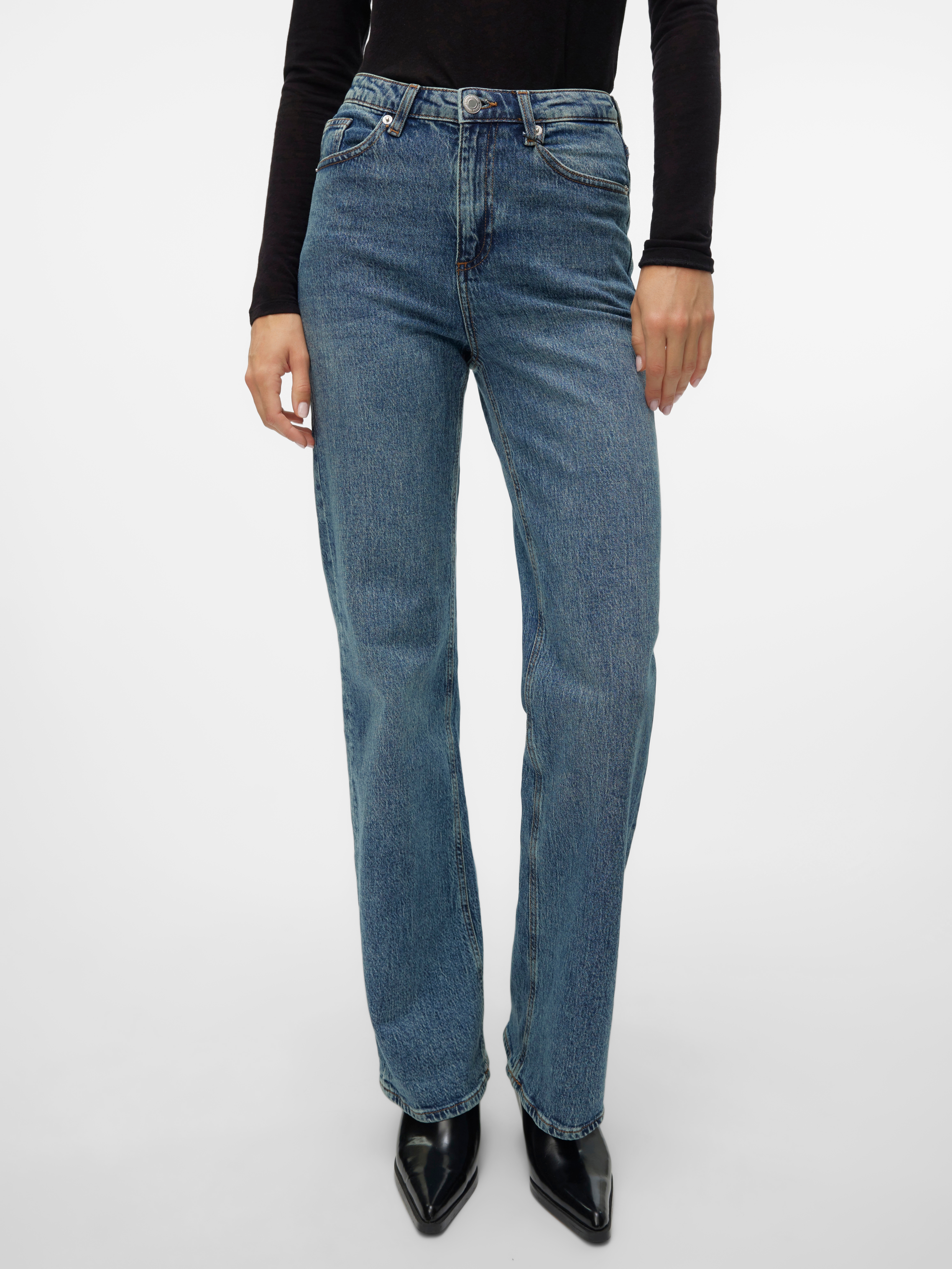 High-waist-Jeans VERO MODA "VMTESSA HR WIDE JEANS RA394 GA NOOS", Damen, Gr. 27, Länge 32, blau (medium blau denim detail:tinted), Denim/Jeans, Obermaterial: 99% Baumwolle, 1% Elasthan, oversize, Jeans High-Waist-Jeans
