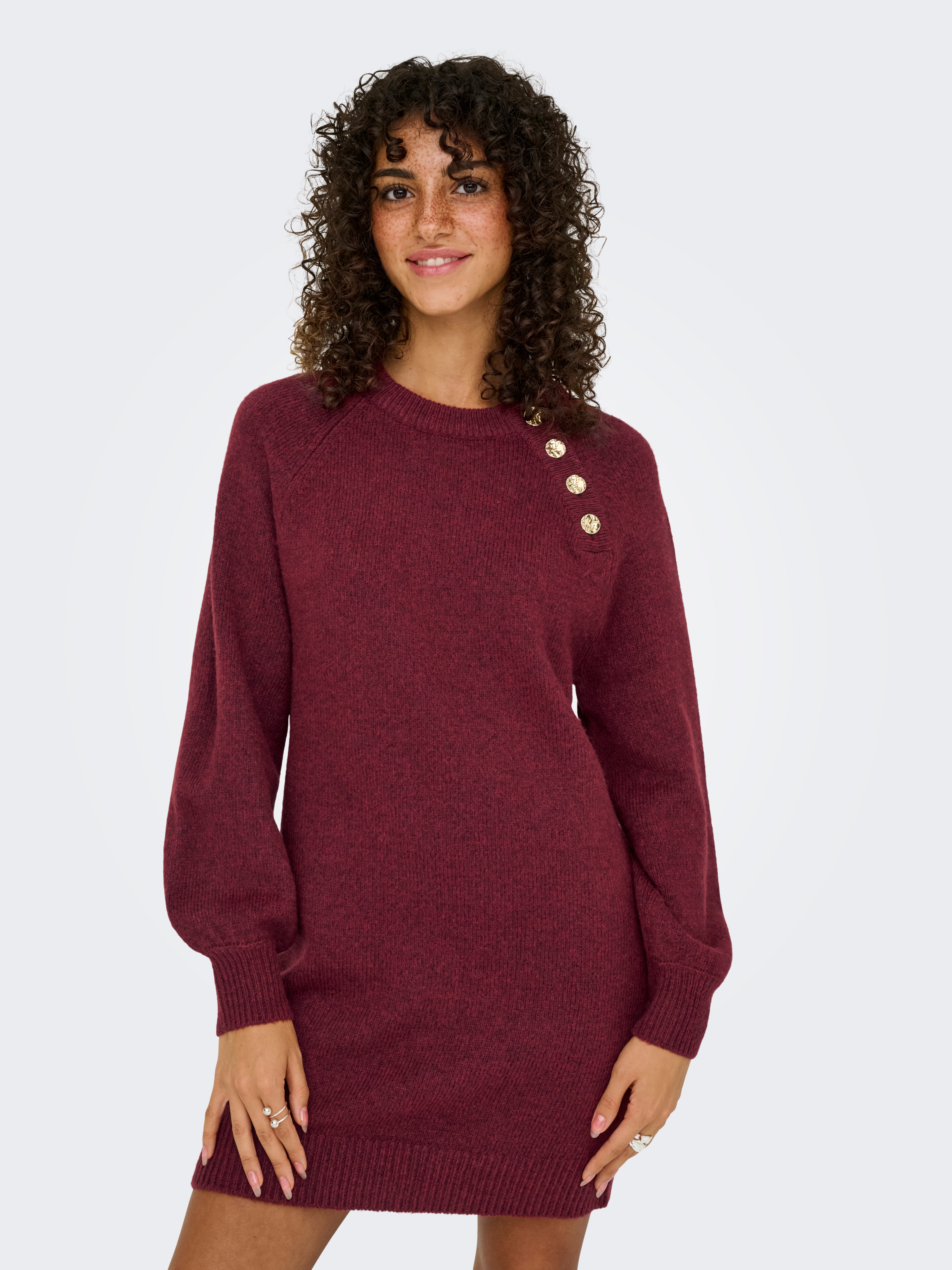 Midikleid ONLY "ONLEMMA LIFE LS BUTTON ONEC DRESS CC KNT", Damen, Gr. M, N-Gr, gold (cabernet detail:melange, gold button), Obermaterial: 50% Polyacryl, 50% Polyester, meliert, regular fit, Rundhals, Rippbündchen, Kleider Midikleid, Sommerkleid