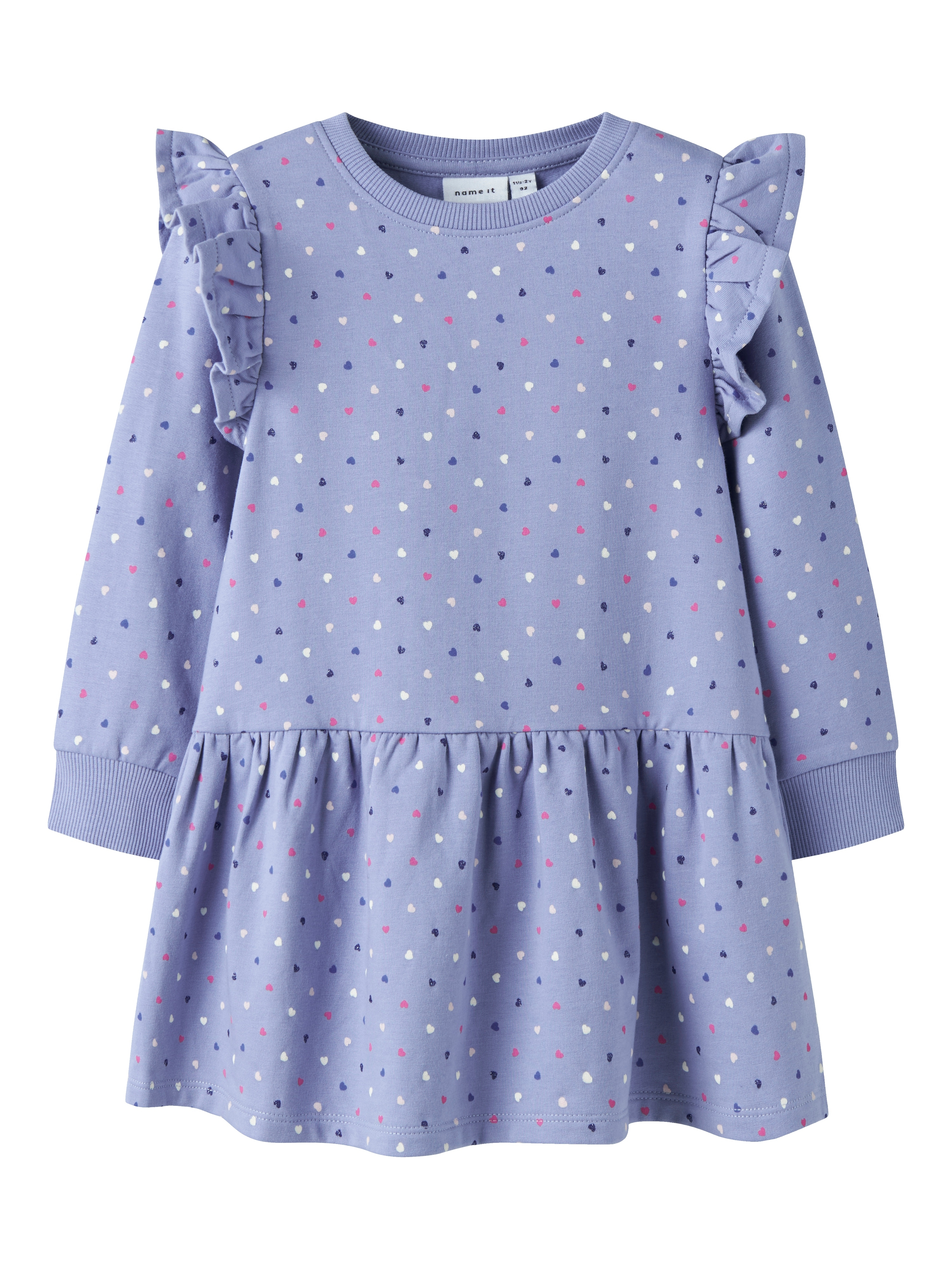 Minikleid NAME IT "NMFOEANA LS SWE DRESS BRU PB", Mädchen, Gr. 104, N-Gr, lila (lila impression), Jersey, Obermaterial: 95% Baumwolle, 5% Elasthan, bedruckt, regular fit ca. Mitte Oberschenkel, Rundhals, Kleider Image