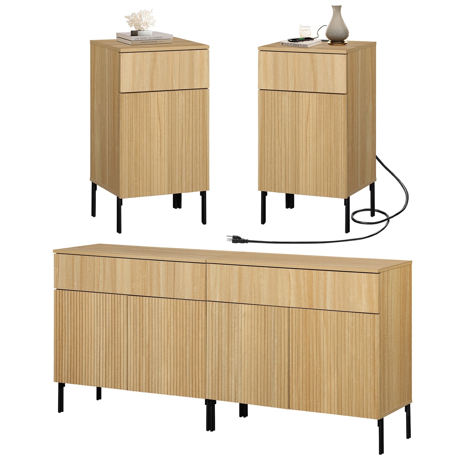 4 Pcs Bedroom Set，Reeded Dresser and Nightstand Sets for Bedroom, Night Stand of 2 with Charging Station