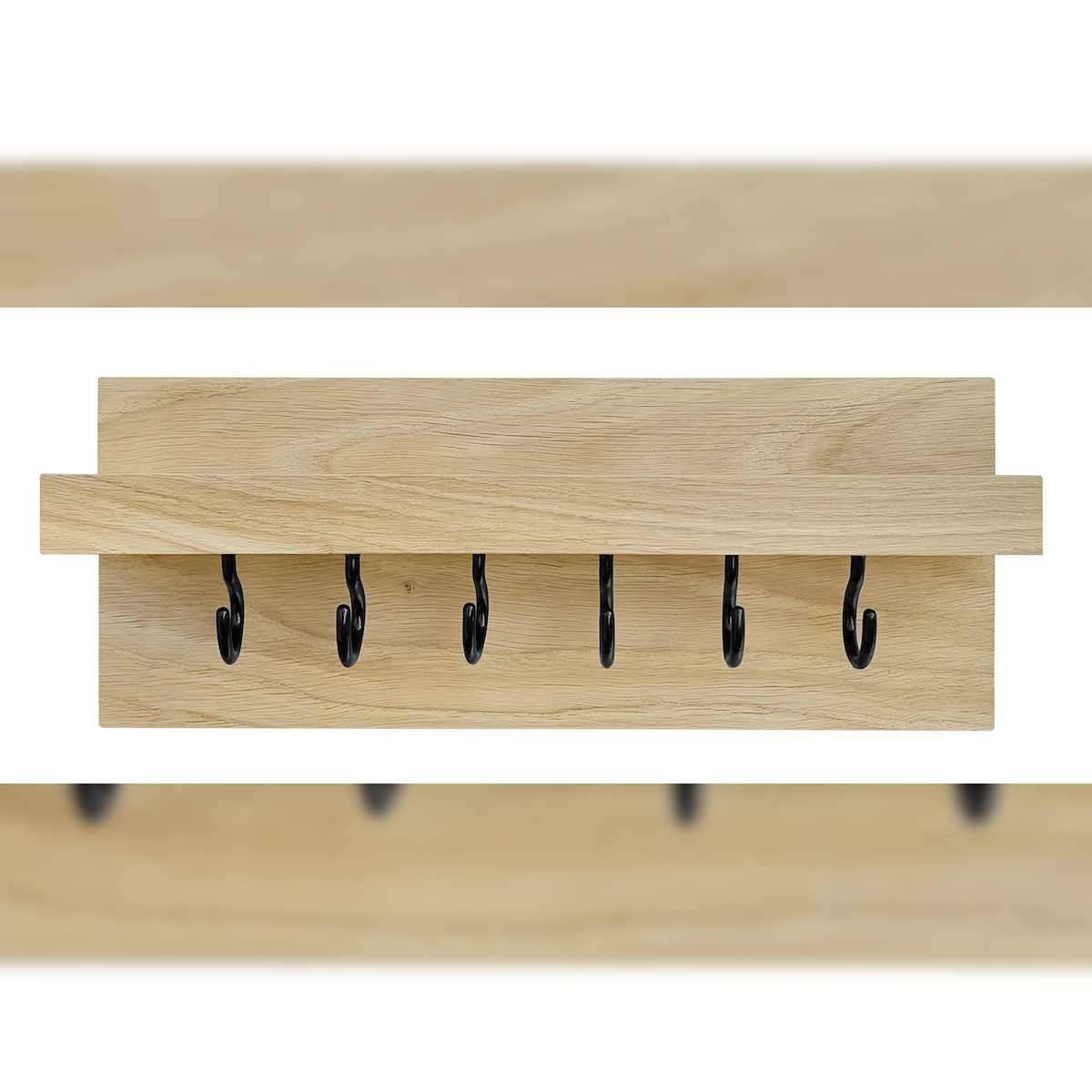 Erst-Holz Wandregal mit Haken Schlüsselbrett mit Ablage Eiche lackiert 20 u 30 cm V-40.12-11 Image