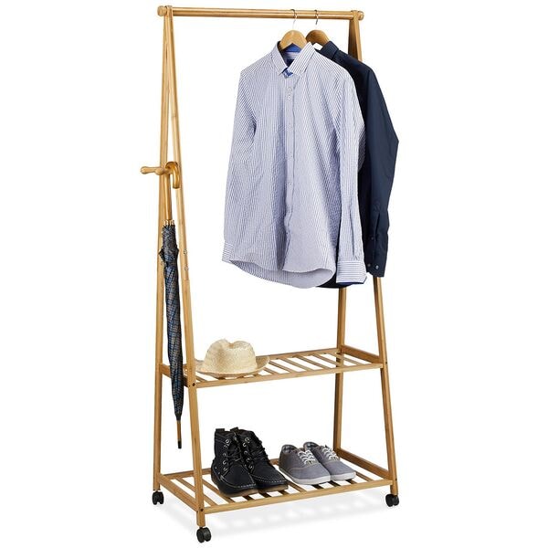 relaxdays Großer Kleiderständer aus Bambus auf Rollen braun Image