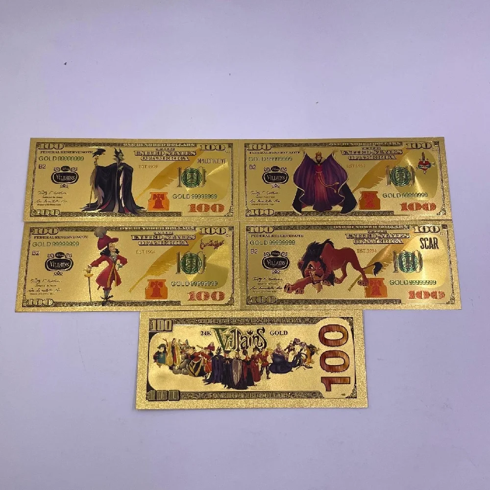 4designs Disney Movie Golden Card American Cartoon Anime Villains and Princesse Gold Banknote Sets Kid's Christmas Birthday Gift
