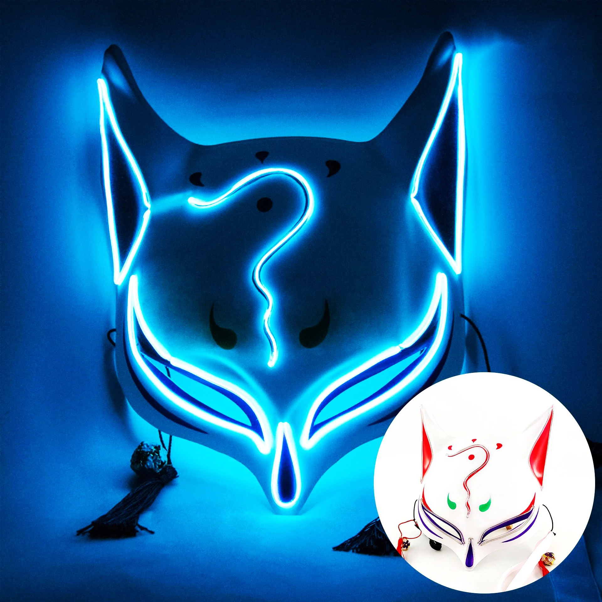 Halloween leuchtende Maske LED Fuchs halbe Gesichtsabdeckung mit Quasten japanische Frauen Männer Karneval Maskerade japanische Anime Rave Maske Spaß Image
