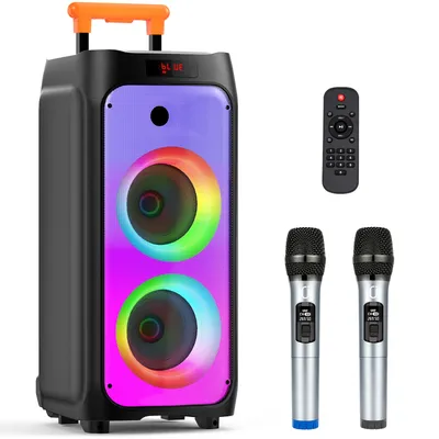 FanFun T8 Large Bluetooth Speaker, Wireless Speaker with Wheels and Push Rod, Karaoke Machine with Two Microphones, Usb, Tf Card, Recording, with Tws, with Reverb Karaoke Speaker