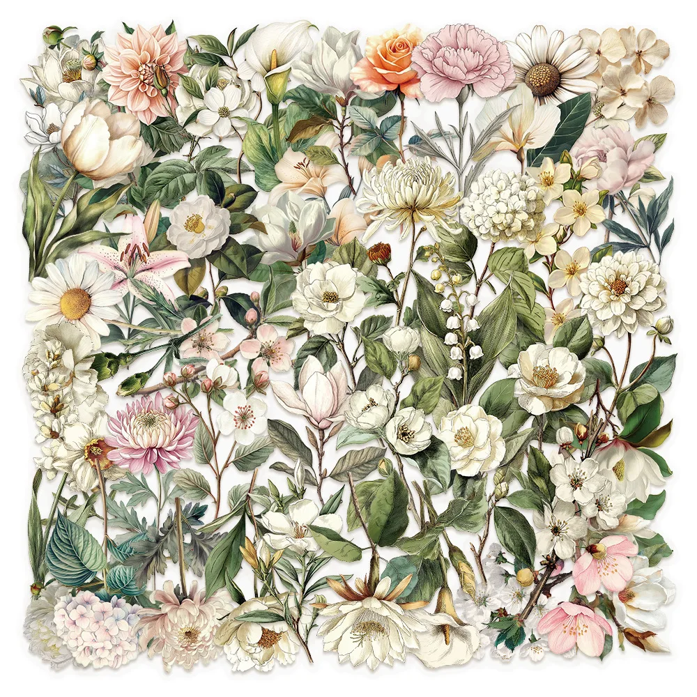 Vielzahl von 50 Stück Retro-Blumenaufklebern mit langem Zweig, transparent, wasserdicht, DIY-Briefpapier, Notizbuch, Kunstaufkleber Image