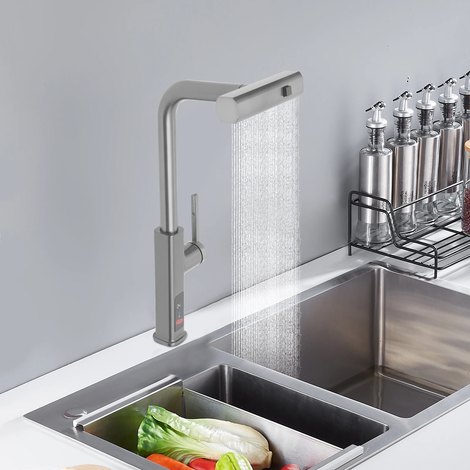 Gris foncé 360 ° Robinet de cuisine pivotant, robinet de cuisine numérique extractible avec pulvérisateur extractible pour cuisines, salles de bains, buanderie