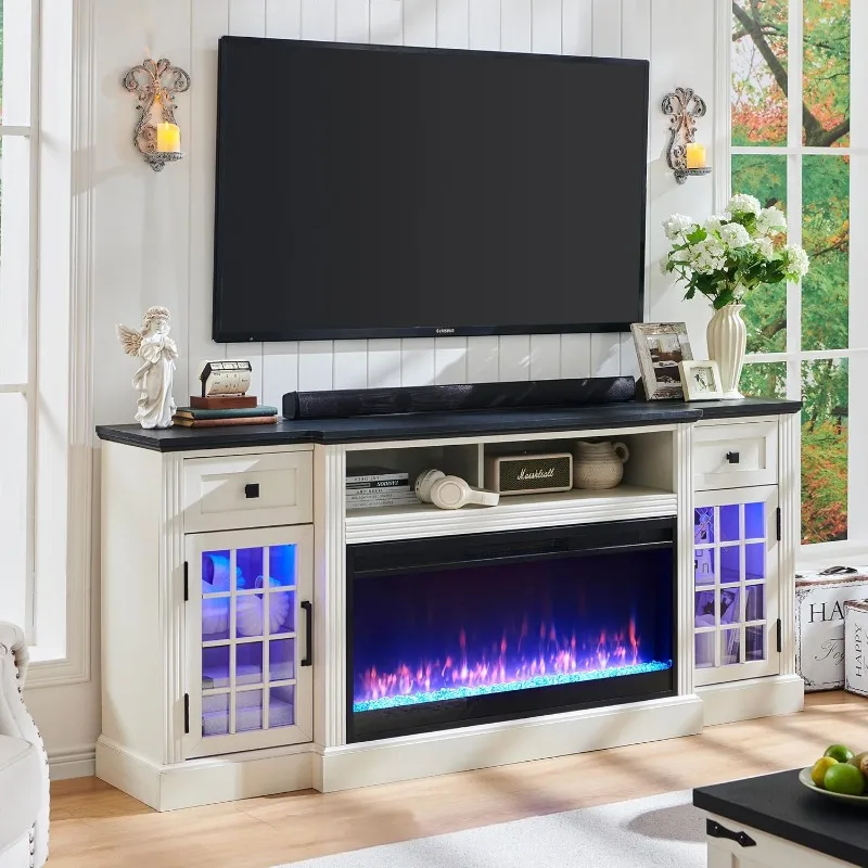 Fireplace TV Stand for 80 Inch TV, Farmhouse Highboy Entertainment Center w/LED Lights & 36" Electric Fireplace, Larg