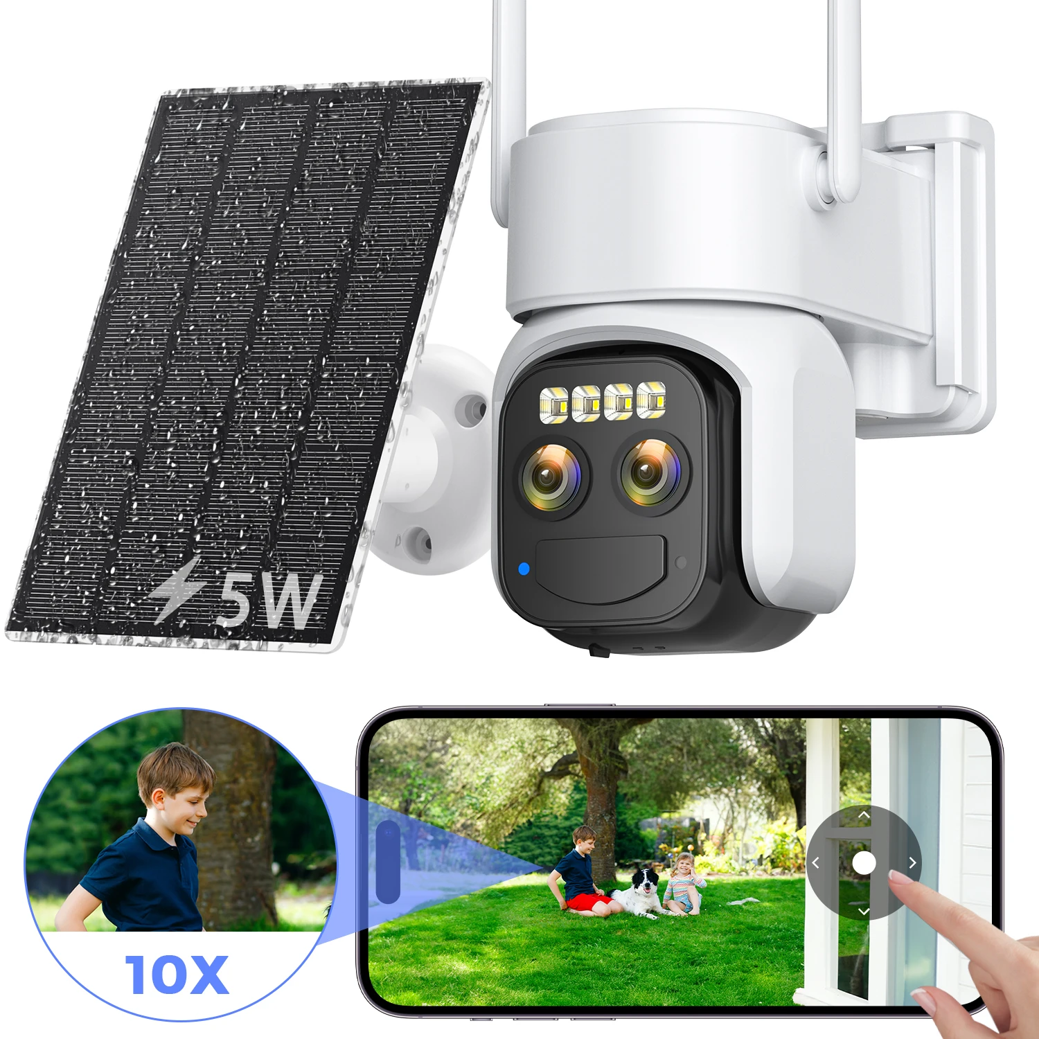 5 MP wasserdichte Solarkamera mit Personenerkennung, 10-fach digitaler Zoom, Dual-Objektiv, PTZ-IP-Überwachungskamera für den Außenbereich, Sichtschutz Image
