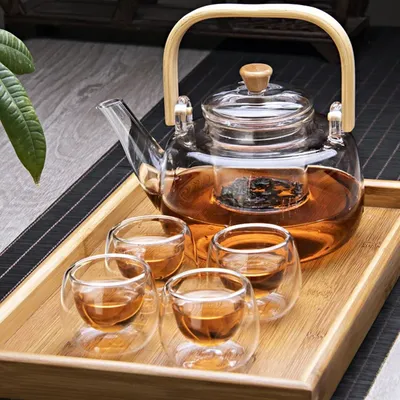 1L Teapot and Teacup Set 50ml Double Wall Cups Boiling Water Teapot High Borosilicate Glass Filter Teapot Lifting Beam Teapot