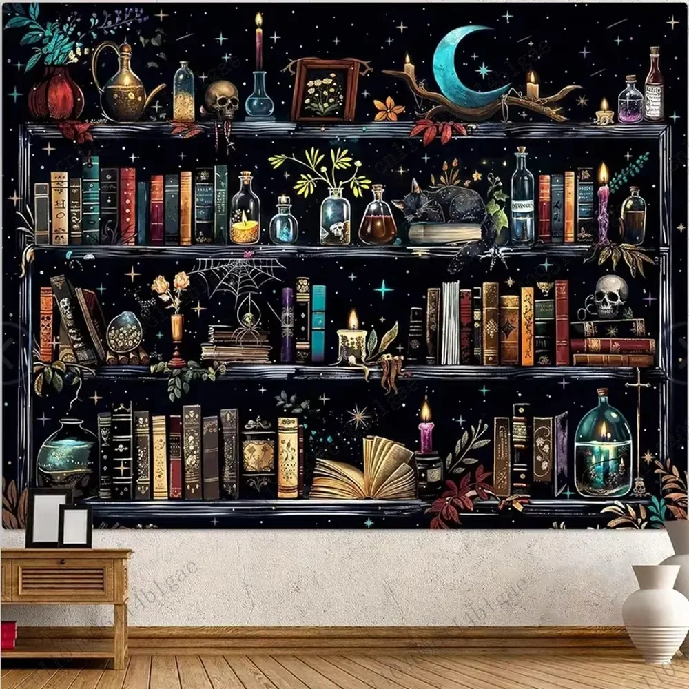Mystic Bücherregal Wandteppich Magische Bibliothek Illusion mit Hexendrankheiten Schwarze Katze Gothic Wandkunst für Schlafzimmer Arbeitszimmer Hippie Gothic Image